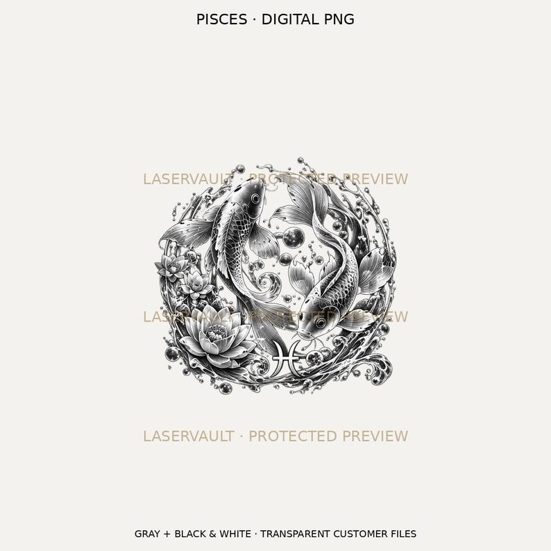 Puede incluir: Una ilustraci&oacute;n digital en blanco y negro de dos peces koi nadando en movimiento circular entre salpicaduras de agua y flores de loto. El s&iacute;mbolo del zodiaco Piscis est&aacute; centrado en la parte inferior. El texto dice PISCES DIGITAL PNG y LASERVAULT.