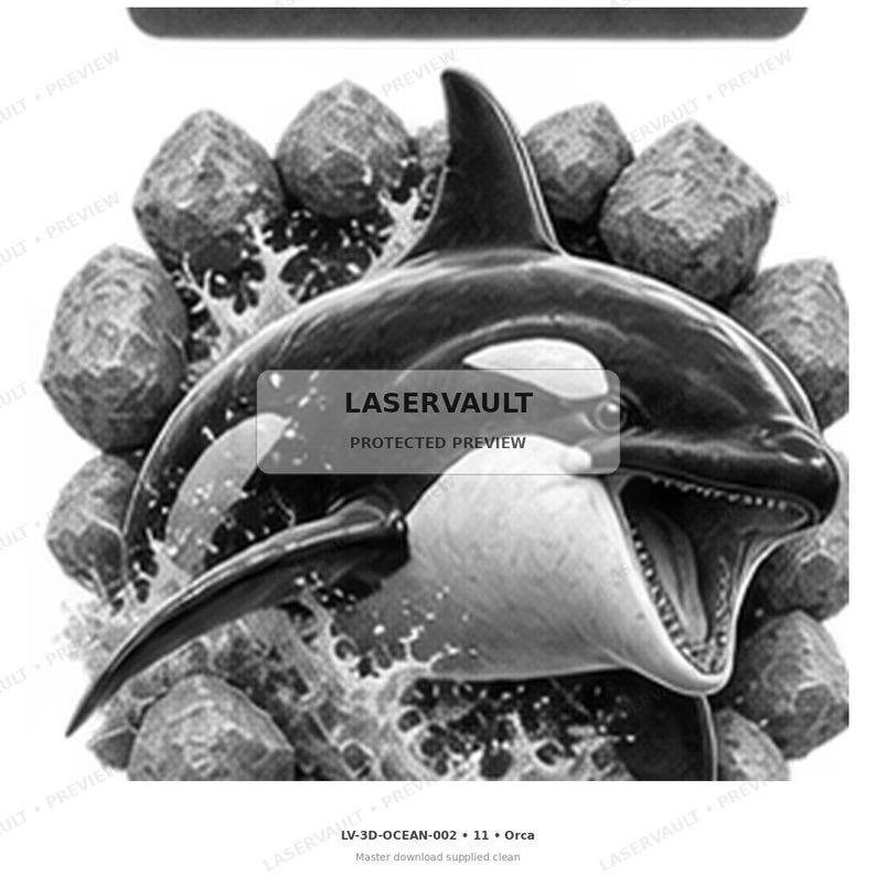 Op de afbeelding: Een zwart-witte grafische illustratie van een orka die uit het water komt, omringd door grillige rotsen. De orka heeft zijn bek open, waardoor tanden zichtbaar zijn. De tekst LASERVAULT PROTECTED PREVIEW staat gecentreerd over het lichaam.
