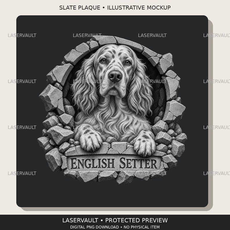 May include: A black and white slate plaque design featuring a detailed illustration of an English Setter dog peering through a circular hole in a stone wall. The dog's paws rest on a stone ledge inscribed with the text ENGLISH SETTER.