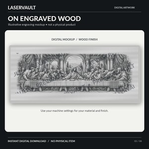 Puede incluir: Una maqueta de arte digital que presenta un grabado detallado en escala de grises de La &Uacute;ltima Cena sobre una superficie de madera. La imagen incluye el texto LASERVAULT, ON ENGRAVED WOOD, Illustrative engraving mockup, not a physical product, DIGITAL MOCKUP, WOOD FINISH, Use your machine settings for your material and finish, INSTANT DIGITAL DOWNLOAD, NO PHYSICAL ITEM, y 03/08.