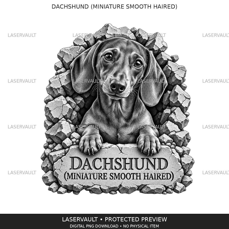 Op de afbeelding: Een zwart-witte grafische illustratie van een kortharige dwergteckel die door een gebarsten stenen muur kijkt. De hond rust zijn poten op een stenen plaat met de tekst DACHSHUND (MINIATURE SMOOTH HAIRED) in dikgedrukte letters.