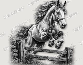 May include: A black and white illustration of a horse jumping over a wooden fence. The horse has a flowing mane and is wearing a bridle. The scene includes a stone pillar and grass at the base of the fence. The text LASERVAULT appears repeatedly.