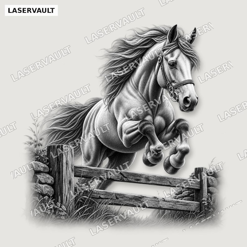 Puede incluir: Una ilustraci&oacute;n en blanco y negro de un caballo saltando sobre una valla de madera. El caballo tiene una crin fluida y lleva una brida. La escena incluye un pilar de piedra y hierba en la base de la valla. El texto LASERVAULT aparece repetido.
