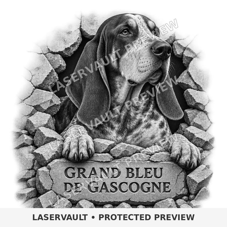 May include: A black and white graphic illustration of a Grand Bleu de Gascogne dog peering through a hole in a stone wall. The dog has long ears and a spotted coat. Below the dog, a stone plaque features the text GRAND BLEU DE GASCOGNE.