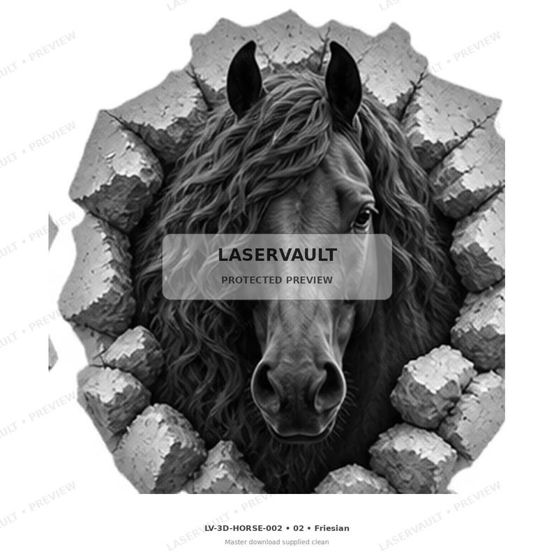 May include: A black and white graphic design featuring a horse head with a long, wavy mane emerging from a hole in a stone wall. The image includes the text LASERVAULT PROTECTED PREVIEW in the centre and LV-3D-HORSE-002 02 Friesian at the bottom.