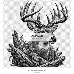 K&ouml;nnte beinhalten: Eine schwarz-wei&szlig;e Illustration eines Hirsches mit gro&szlig;em Geweih, der hinter einem strukturierten Baumstamm und Eichenbl&auml;ttern steht. Das Bild enth&auml;lt den Text LASERVAULT PROTECTED PREVIEW und 04 Three Quarter Woodland Buck unten.