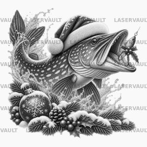 Puede incluir: Una ilustraci&oacute;n en blanco y negro de un pez con gorro de Pap&aacute; Noel saltando del agua con un se&ntilde;uelo de pesca en la boca. Debajo del pez hay ramas de pino, un adorno navide&ntilde;o con dise&ntilde;o de copo de nieve, bayas de acebo y una pi&ntilde;a.