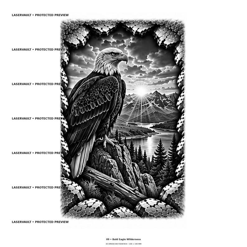 May include: A black and white digital illustration featuring a bald eagle perched on a rocky outcrop overlooking a mountain lake, forest, and sunrise. The scene is framed by a textured, hexagonal pattern border with the text LASERVAULT PROTECTED PREVIEW.