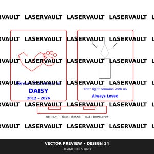 Op de afbeelding: Een digitale vectorvoorbeeld met twee rechthoekige kaders met rode snijlijnen. Het linker kader toont een hart en pootafdruk met de tekst Forever Remembered, DAISY, 2012-2026. Het rechter kader toont een kaars met de tekst Your light remains with us en Always Loved.
