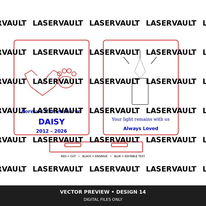 Op de afbeelding: Een digitale vectorvoorbeeld met twee rechthoekige kaders met rode snijlijnen. Het linker kader toont een hart en pootafdruk met de tekst Forever Remembered, DAISY, 2012-2026. Het rechter kader toont een kaars met de tekst Your light remains with us en Always Loved.