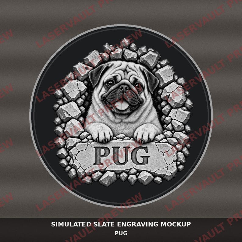 K&ouml;nnte beinhalten: Ein kreisf&ouml;rmiges Grafikdesign mit einer detaillierten Illustration eines Mopses, der durch ein Loch in einer Steinmauer schaut. Unter dem Hund befindet sich eine rechteckige Steinplatte mit dem eingravierten Wort PUG in Gro&szlig;buchstaben.