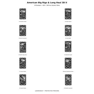 May include: A collection of 10 square slate tiles, each measuring 100 x 100 mm, featuring engraved illustrations of American big rig trucks in various landscapes. The set is titled American Big Rigs & Long Haul 3D II and includes scenes like mountain tankers, timber haulers, and city freight.