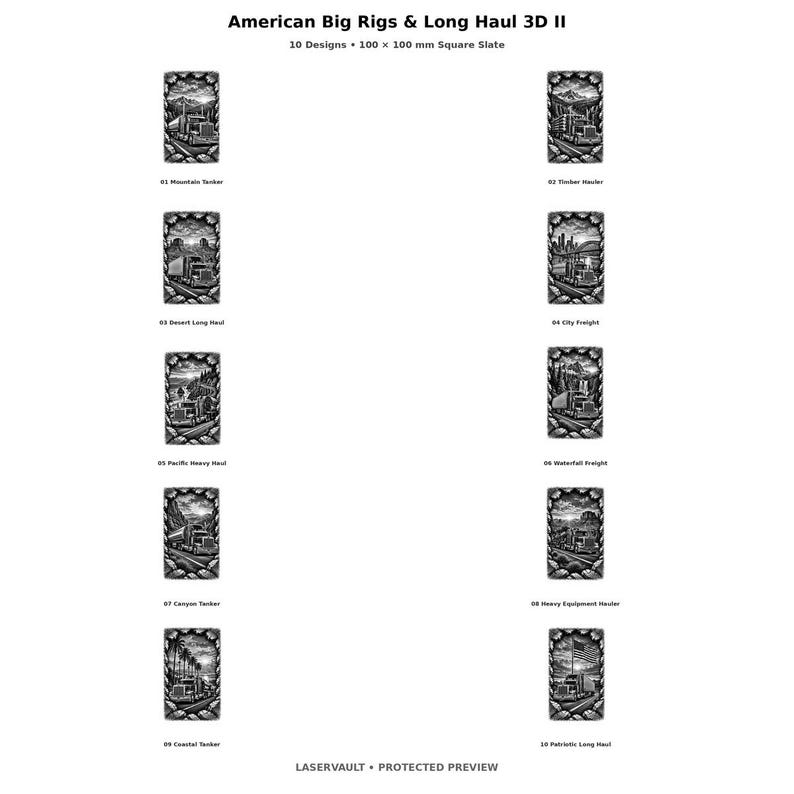 May include: A collection of 10 square slate tiles, each measuring 100 x 100 mm, featuring engraved illustrations of American big rig trucks in various landscapes. The set is titled American Big Rigs & Long Haul 3D II and includes scenes like mountain tankers, timber haulers, and city freight.