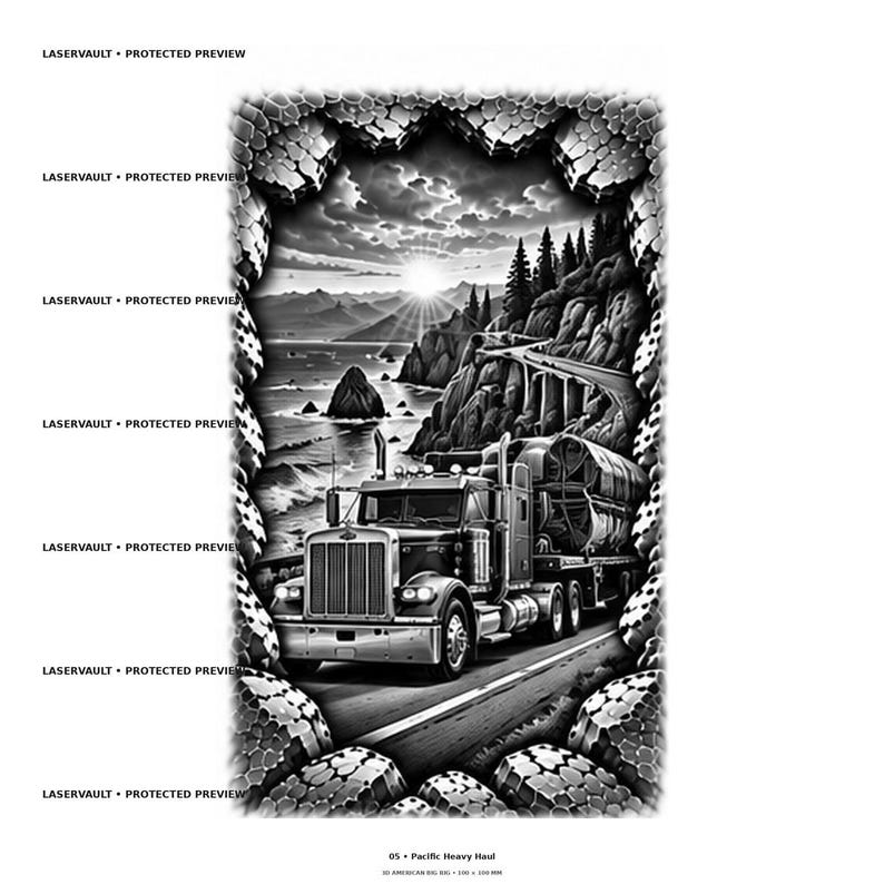 May include: A black and white graphic print featuring a semi-truck driving on a coastal road. The scene is framed by a jagged, stone-like border. The background shows a sunset over the ocean, cliffs, and pine trees. Text reads LASERVAULT.