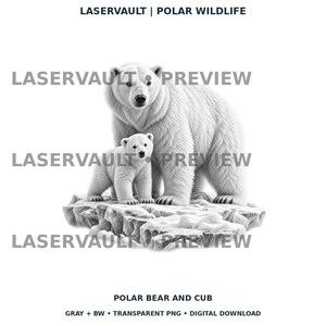 Op de afbeelding: Een zwart-witte digitale illustratie van een ijsbeer en zijn jong op een ijsschots. De tekst LASERVAULT | POLAR WILDLIFE staat bovenaan, met LASERVAULT PREVIEW watermerken eroverheen. De onderste tekst luidt POLAR BEAR AND CUB.