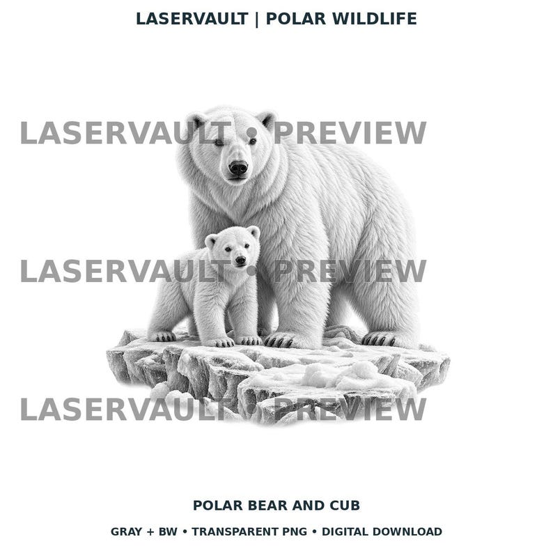 Op de afbeelding: Een zwart-witte digitale illustratie van een ijsbeer en zijn jong op een ijsschots. De tekst LASERVAULT | POLAR WILDLIFE staat bovenaan, met LASERVAULT PREVIEW watermerken eroverheen. De onderste tekst luidt POLAR BEAR AND CUB.