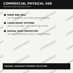 Op de afbeelding: Een digitale informatiegrafiek getiteld COMMERCIAL PHYSICAL USE met de ondertitel Laser-ready digital engraving collection. Het bevat drie punten: MAKE AND SELL, LASER-READY OPTIONS en DIGITAL FILES PROTECTED met specifieke gebruiksvoorwaarden.