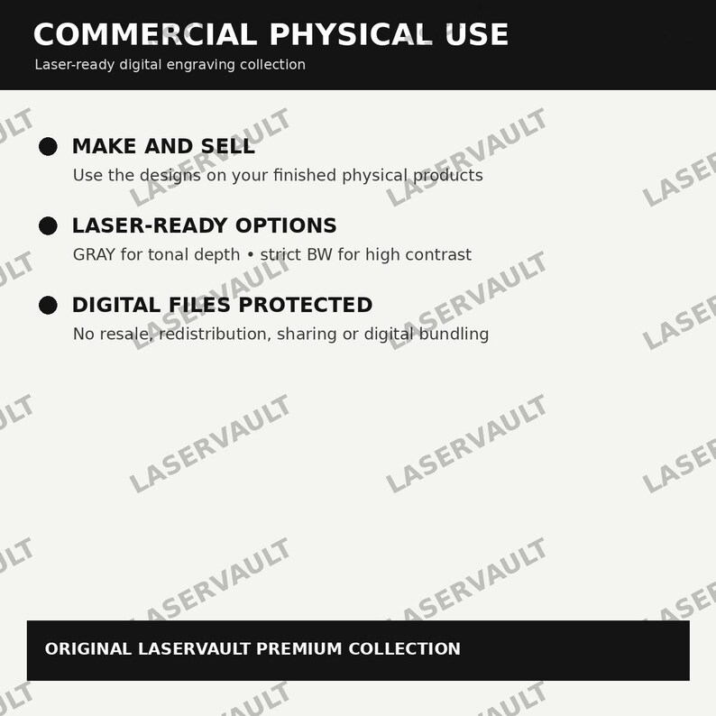 Op de afbeelding: Een digitale informatiegrafiek getiteld COMMERCIAL PHYSICAL USE met de ondertitel Laser-ready digital engraving collection. Het bevat drie punten: MAKE AND SELL, LASER-READY OPTIONS en DIGITAL FILES PROTECTED met specifieke gebruiksvoorwaarden.