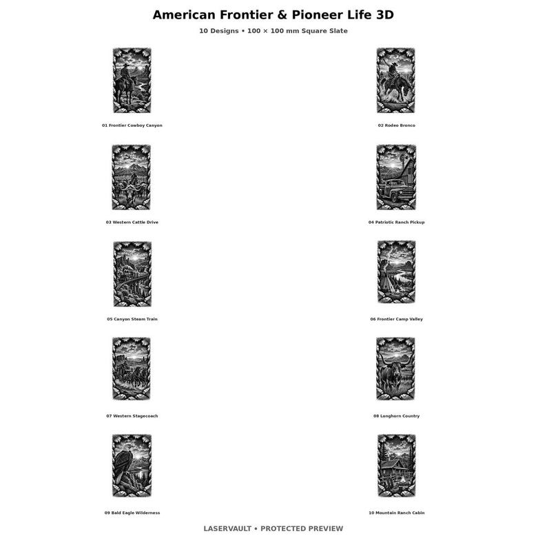 May include: A collection of ten 100 x 100 mm square slate tiles titled American Frontier & Pioneer Life 3D. Each tile features a detailed black and white engraved scene depicting themes like cowboys, rodeos, cattle drives, and wildlife landscapes.