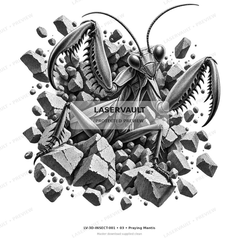 May include: A black and white illustration of a praying mantis emerging from a cluster of broken stone fragments. The insect features large eyes, long antennae, and spiny forelegs. The text LASERVAULT PROTECTED PREVIEW is centered on the image.