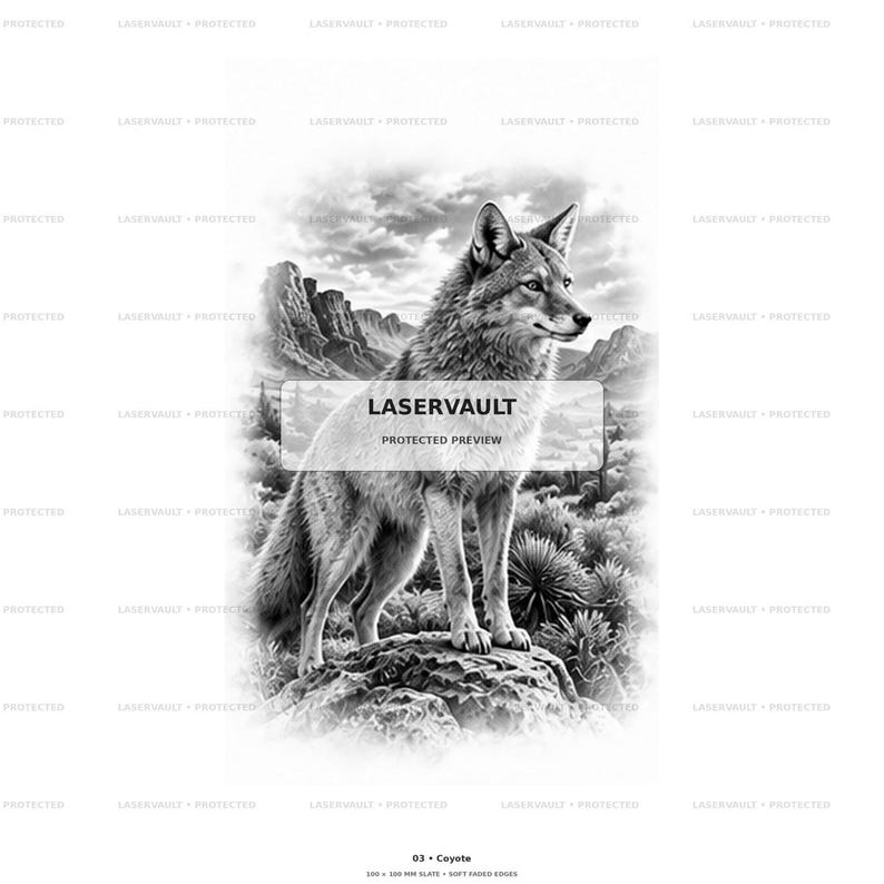 Op de afbeelding: Een zwart-witte grafische illustratie van een coyote die op een rotsachtig uitsteeksel staat. De achtergrond toont een woestijnlandschap met bergen en vegetatie. De tekst LASERVAULT PROTECTED PREVIEW is gecentreerd over de afbeelding.