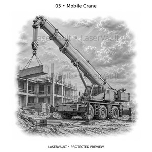 May include: A black and white illustration labeled 05 Mobile Crane showing a heavy-duty mobile crane on a construction site lifting a rectangular concrete block. The crane features a multi-axle chassis, extended outriggers, and a telescopic boom.