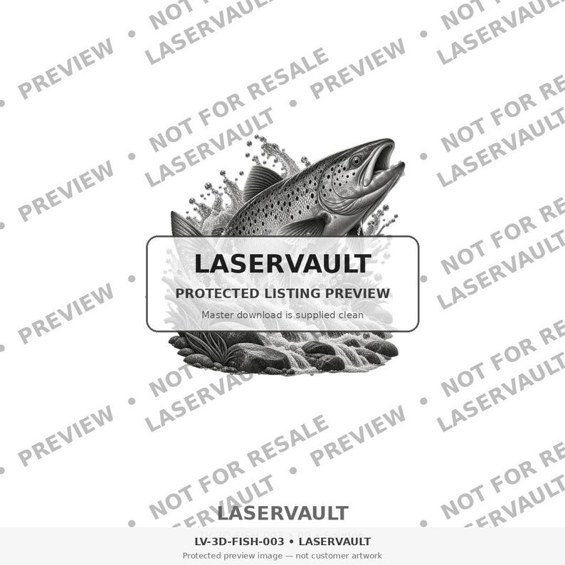 Puede incluir: Una ilustraci&oacute;n gr&aacute;fica en blanco y negro de una trucha saltando del agua con salpicaduras y rocas. La imagen presenta una superposici&oacute;n rectangular central con el texto LASERVAULT PROTECTED LISTING PREVIEW y marcas de agua repetidas.