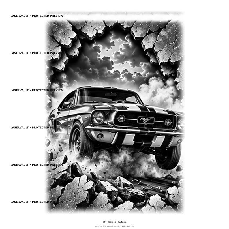 Może przedstawiać: Czarno-biała ilustracja graficzna przedstawiająca klasyczny samoch&oacute;d typu muscle car przebijający się przez kamienny mur. Samoch&oacute;d posiada podw&oacute;jne pasy wyścigowe i jest otoczony gruzem oraz chmurami. Tekst LASERVAULT PROTECTED PREVIEW pojawia się wielokrotnie.