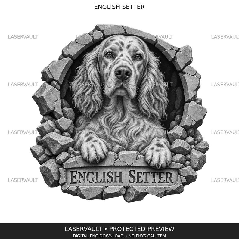 May include: A black and white graphic illustration of an English Setter dog peering through a circular hole in a stone wall. The dog has long, wavy fur and spotted paws resting on a stone ledge engraved with the text ENGLISH SETTER.