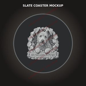 May include: A circular slate coaster mockup featuring a gray, textured stone-like relief of a curly-haired Hungarian Pumi dog emerging from a broken wall. The dog is centered above a rectangular stone plaque with the text HUNGARIAN PUMI.