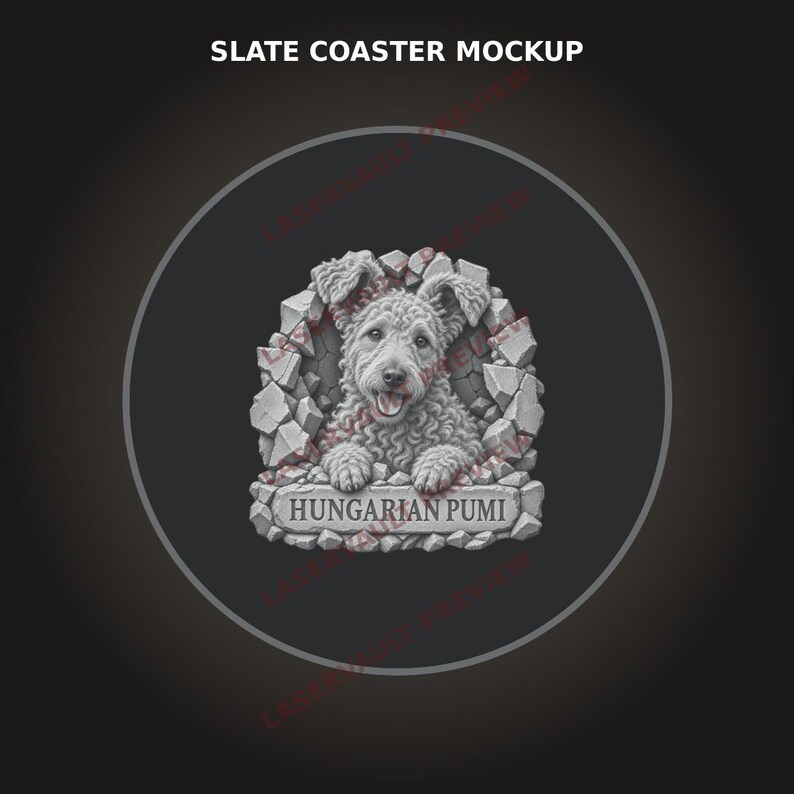 May include: A circular slate coaster mockup featuring a gray, textured stone-like relief of a curly-haired Hungarian Pumi dog emerging from a broken wall. The dog is centered above a rectangular stone plaque with the text HUNGARIAN PUMI.