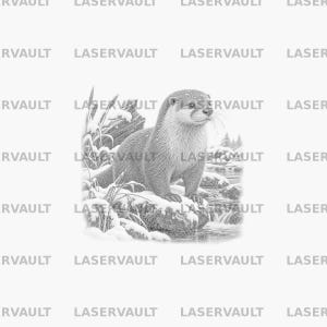 May include: A black and white pencil sketch illustration of an otter standing on a snow-covered rock near a flowing stream. The scene includes detailed textures of the otter's fur, surrounding grasses, and snowy banks, with the word LASERVAULT repeated.