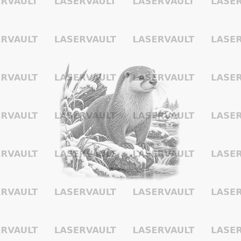 May include: A black and white pencil sketch illustration of an otter standing on a snow-covered rock near a flowing stream. The scene includes detailed textures of the otter's fur, surrounding grasses, and snowy banks, with the word LASERVAULT repeated.