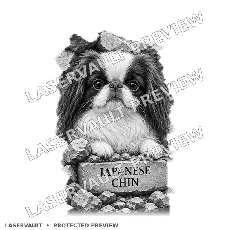 May include: A black and white illustration of a Japanese Chin dog peeking out from behind a cracked stone wall. The dog has long fur and large dark eyes. Below the dog, a rectangular stone block features the text Japanese Chin.