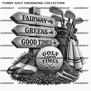 以下が含まれることがあります： FUNNY GOLF ENGRAVING COLLECTIONと題された白黒のグラフィックデザイン。FAIRWAY、GREENS、GOOD TIMESを指す矢印付きの木製看板、クラブが入ったゴルフバッグ、タオル、ゴルフシューズ、GOLF GOOD TIMESと書かれたゴルフボールが描かれています。