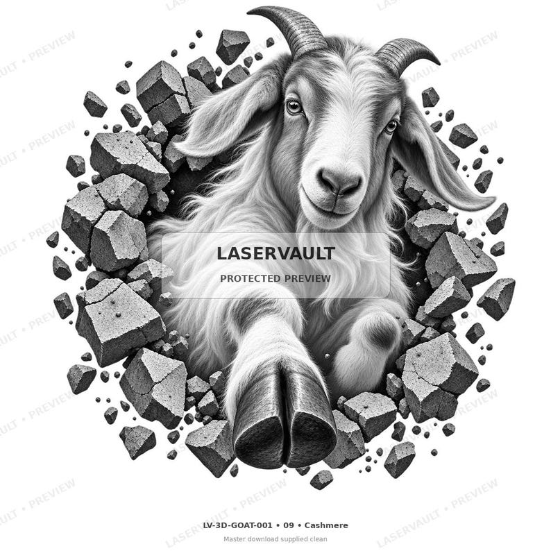 Op de afbeelding: Een zwart-witillustratie van een geit die uit een cirkelvormig gat in een stenen muur komt. De geit heeft een getextureerde vacht, gebogen hoorns en &eacute;&eacute;n hoef naar voren gestrekt. De tekst LASERVAULT PROTECTED PREVIEW staat in het midden.