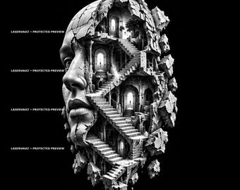 May include: A black and white digital artwork titled 01 Mind Stairways featuring a cracked human face profile revealing an intricate interior of stone staircases, arched doorways, and glowing light. The text LASERVAULT PROTECTED PREVIEW appears repeatedly.