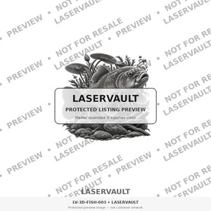 Puede incluir: Una ilustraci&oacute;n digital en blanco y negro de un pez nadando entre plantas acu&aacute;ticas y rocas. La imagen presenta una superposici&oacute;n rectangular central con el texto LASERVAULT PROTECTED LISTING PREVIEW y marcas de agua repetidas.