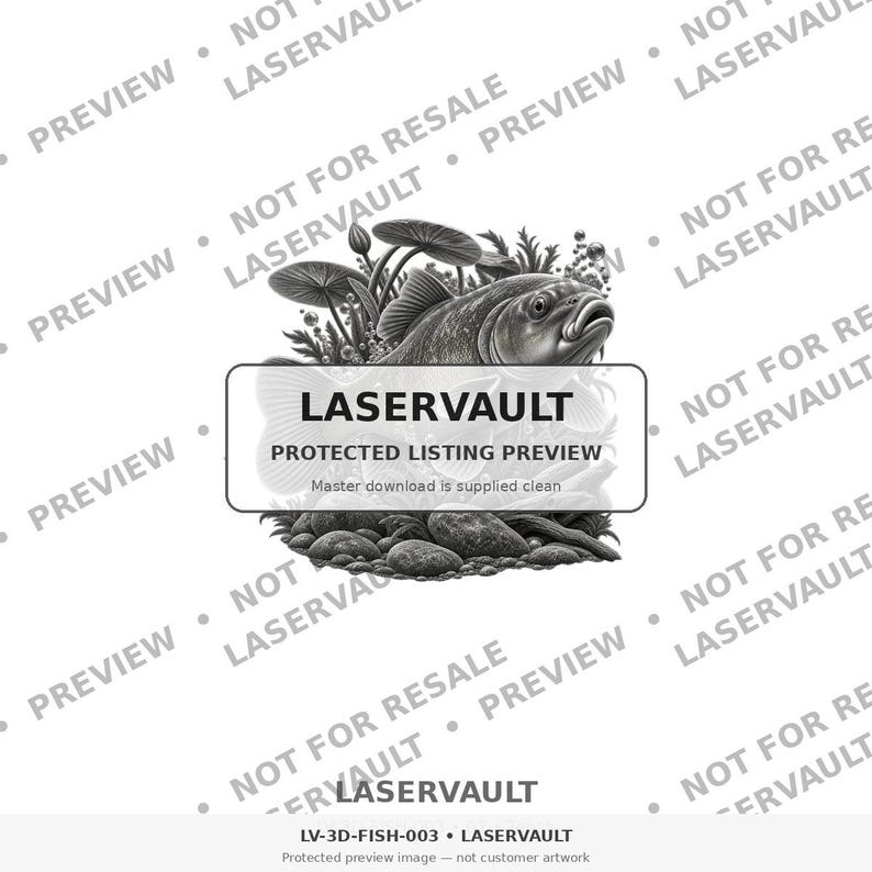 Puede incluir: Una ilustraci&oacute;n digital en blanco y negro de un pez nadando entre plantas acu&aacute;ticas y rocas. La imagen presenta una superposici&oacute;n rectangular central con el texto LASERVAULT PROTECTED LISTING PREVIEW y marcas de agua repetidas.