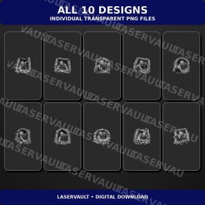 May include: A digital collection of ten distinct grayscale illustrations featuring zombie figures emerging from broken wall openings. The text ALL 10 DESIGNS INDIVIDUAL TRANSPARENT PNG FILES and LASERVAULT DIGITAL DOWNLOAD is visible on the dark background.