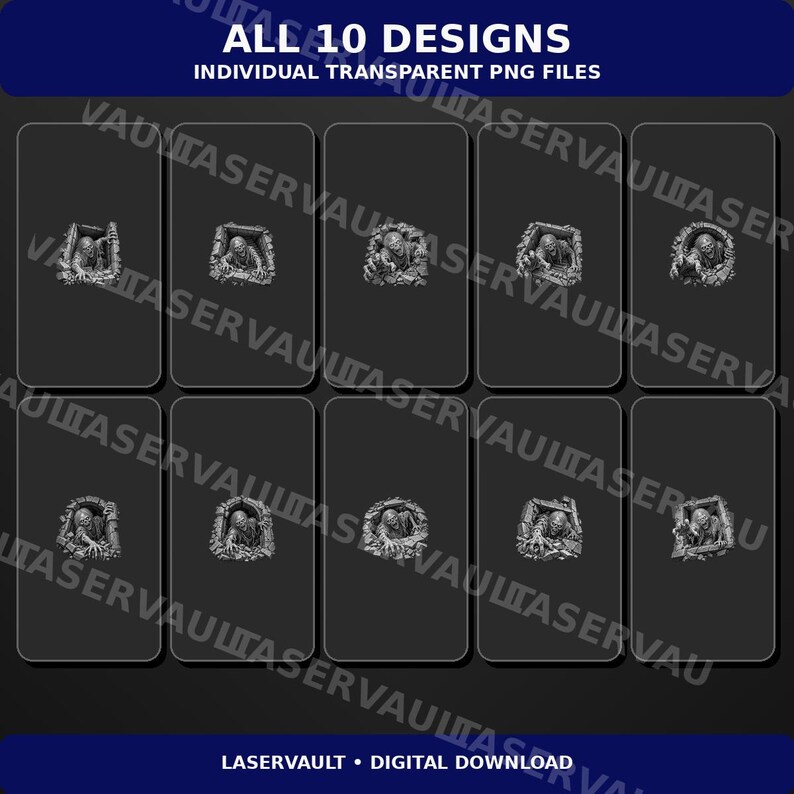 May include: A digital collection of ten distinct grayscale illustrations featuring zombie figures emerging from broken wall openings. The text ALL 10 DESIGNS INDIVIDUAL TRANSPARENT PNG FILES and LASERVAULT DIGITAL DOWNLOAD is visible on the dark background.
