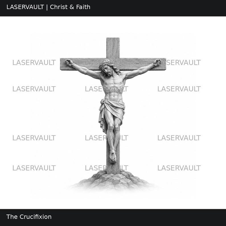 K&ouml;nnte beinhalten: Eine Graustufendarstellung der Kreuzigung mit einer Figur an einem Holzkreuz, wobei der Text LASERVAULT &uuml;ber das Bild wiederholt wird. Die Figur tr&auml;gt einen Lendenschurz und eine Dornenkrone &uuml;ber einem felsigen Sockel.