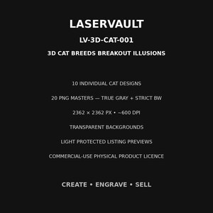 Puede incluir: Un gr&aacute;fico digital negro con texto blanco que dice LASERVAULT, LV-3D-CAT-001, 3D CAT BREEDS BREAKOUT ILLUSIONS, 10 INDIVIDUAL CAT DESIGNS, 20 PNG MASTERS, 2362 x 2362 PX, 600 DPI, TRANSPARENT BACKGROUNDS y CREATE ENGRAVE SELL.