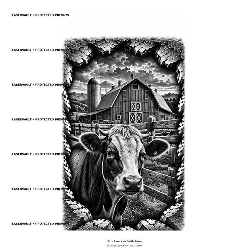 Puede incluir: Una ilustraci&oacute;n gr&aacute;fica en blanco y negro que muestra una vaca en primer plano y una granja con un granero y un silo al fondo. La imagen est&aacute; enmarcada por un borde texturizado e incluye el texto repetido LASERVAULT PROTECTED PREVIEW.