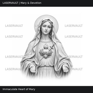 Puede incluir: Una ilustraci&oacute;n en escala de grises del Inmaculado Coraz&oacute;n de Mar&iacute;a que muestra una figura con velo, halo y manos extendidas. El coraz&oacute;n est&aacute; adornado con rosas y atravesado por una espada. El texto LASERVAULT aparece repetidamente.