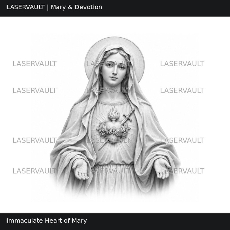 Puede incluir: Una ilustraci&oacute;n en escala de grises del Inmaculado Coraz&oacute;n de Mar&iacute;a que muestra una figura con velo, halo y manos extendidas. El coraz&oacute;n est&aacute; adornado con rosas y atravesado por una espada. El texto LASERVAULT aparece repetidamente.