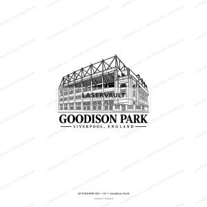 May include: A black and white line art illustration of Goodison Park stadium in Liverpool, England. The drawing features the architectural structure of the stadium with its roof trusses and facade. The text Goodison Park Liverpool, England is below.