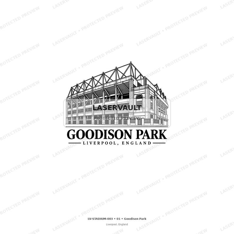 May include: A black and white line art illustration of Goodison Park stadium in Liverpool, England. The drawing features the architectural structure of the stadium with its roof trusses and facade. The text Goodison Park Liverpool, England is below.