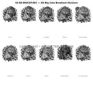 May include: A collection of ten black and white graphic illustrations titled LV-3D-BIGCAT-001 3D Big Cats Breakout Illusions. Each design features a different big cat, including a lion, tiger, leopard, jaguar, snow leopard, cheetah, puma, lynx, black panther, and clouded leopard, depicted as if breaking through a wall of stone debris.