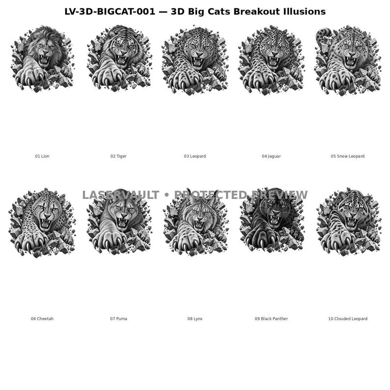 May include: A collection of ten black and white graphic illustrations titled LV-3D-BIGCAT-001 3D Big Cats Breakout Illusions. Each design features a different big cat, including a lion, tiger, leopard, jaguar, snow leopard, cheetah, puma, lynx, black panther, and clouded leopard, depicted as if breaking through a wall of stone debris.